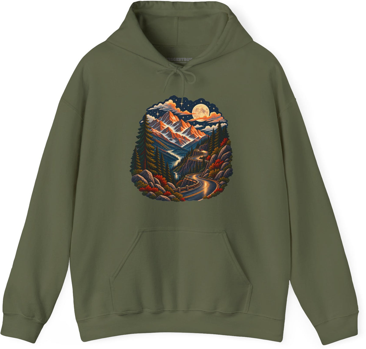 Moonlit Mountain - Pullover Hoodie in Military Green, front view