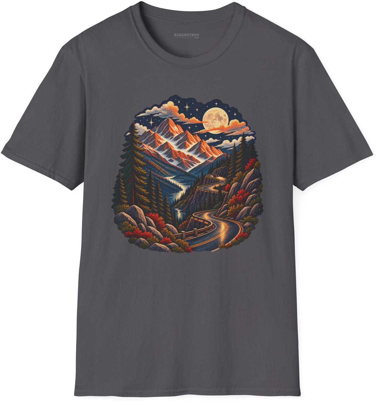Moonlit Mountain - Softstyle T-Shirt in Charcoal, front view