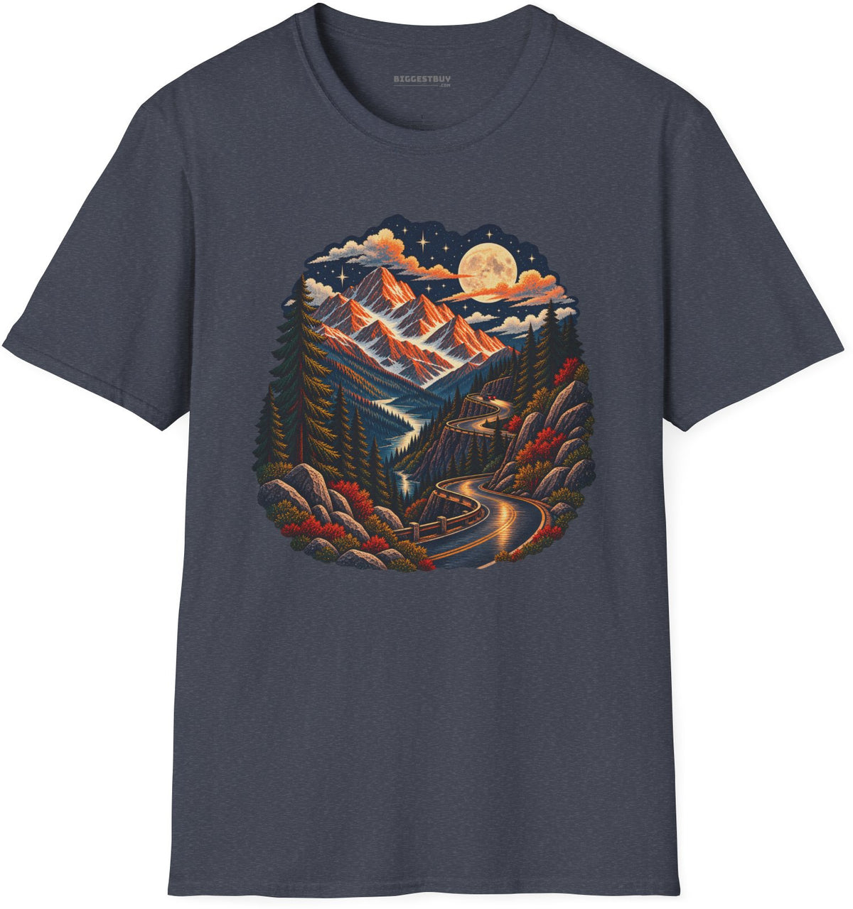Moonlit Mountain - Softstyle T-Shirt in Heather Navy, front view