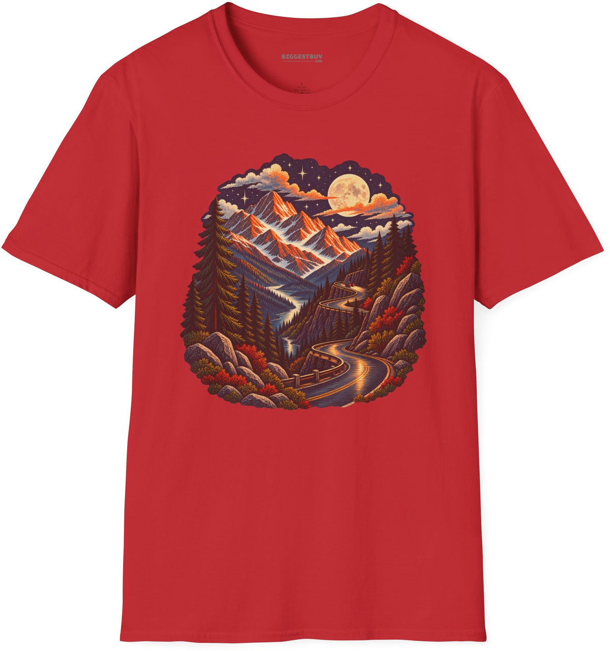 Moonlit Mountain - Softstyle T-Shirt in Red, front view