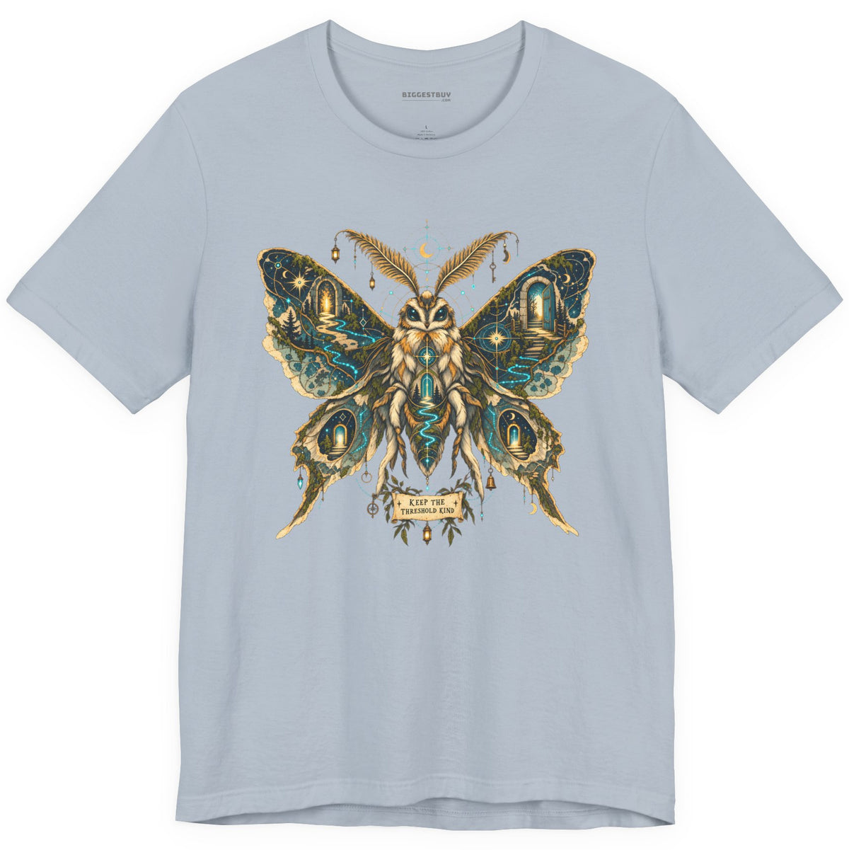 Moth Mystique - Classic Jersey Tee in Light Blue, front view