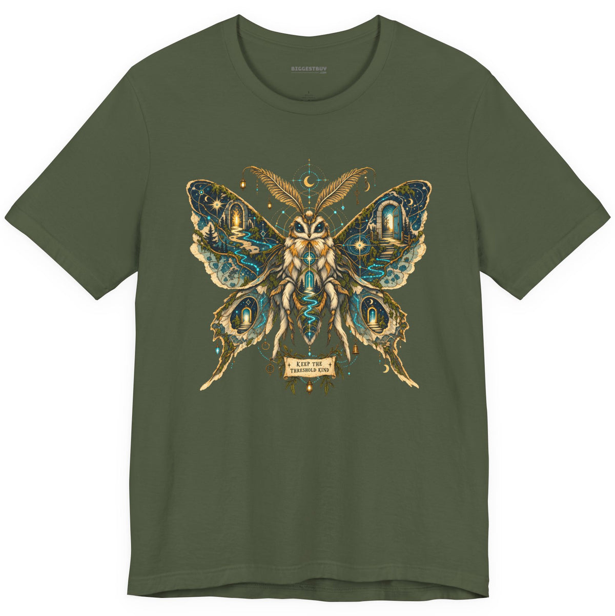 Moth Mystique - Classic Jersey Tee in Military Green, front view