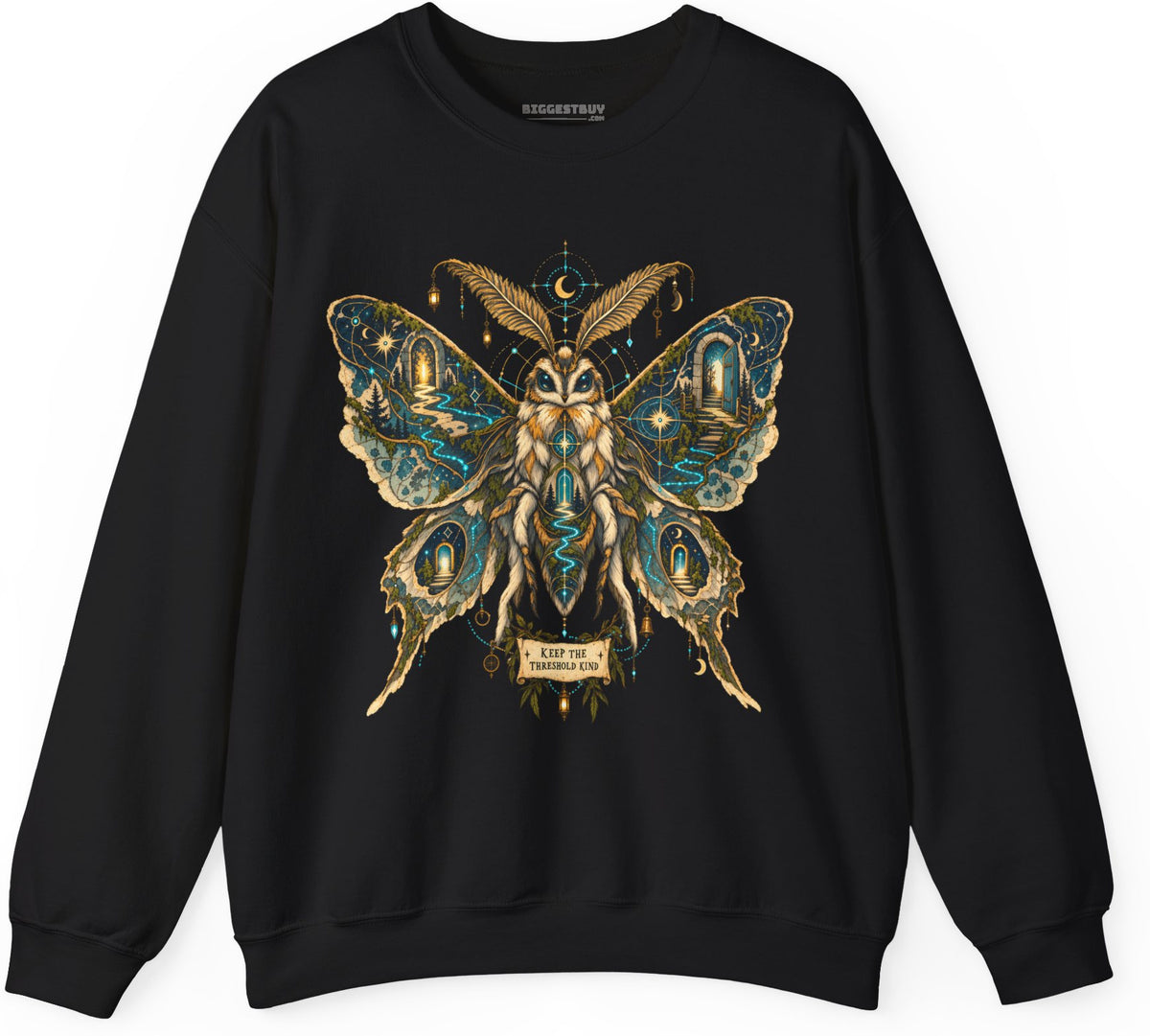 Moth Mystique - Crewneck Sweatshirt in Black, front view