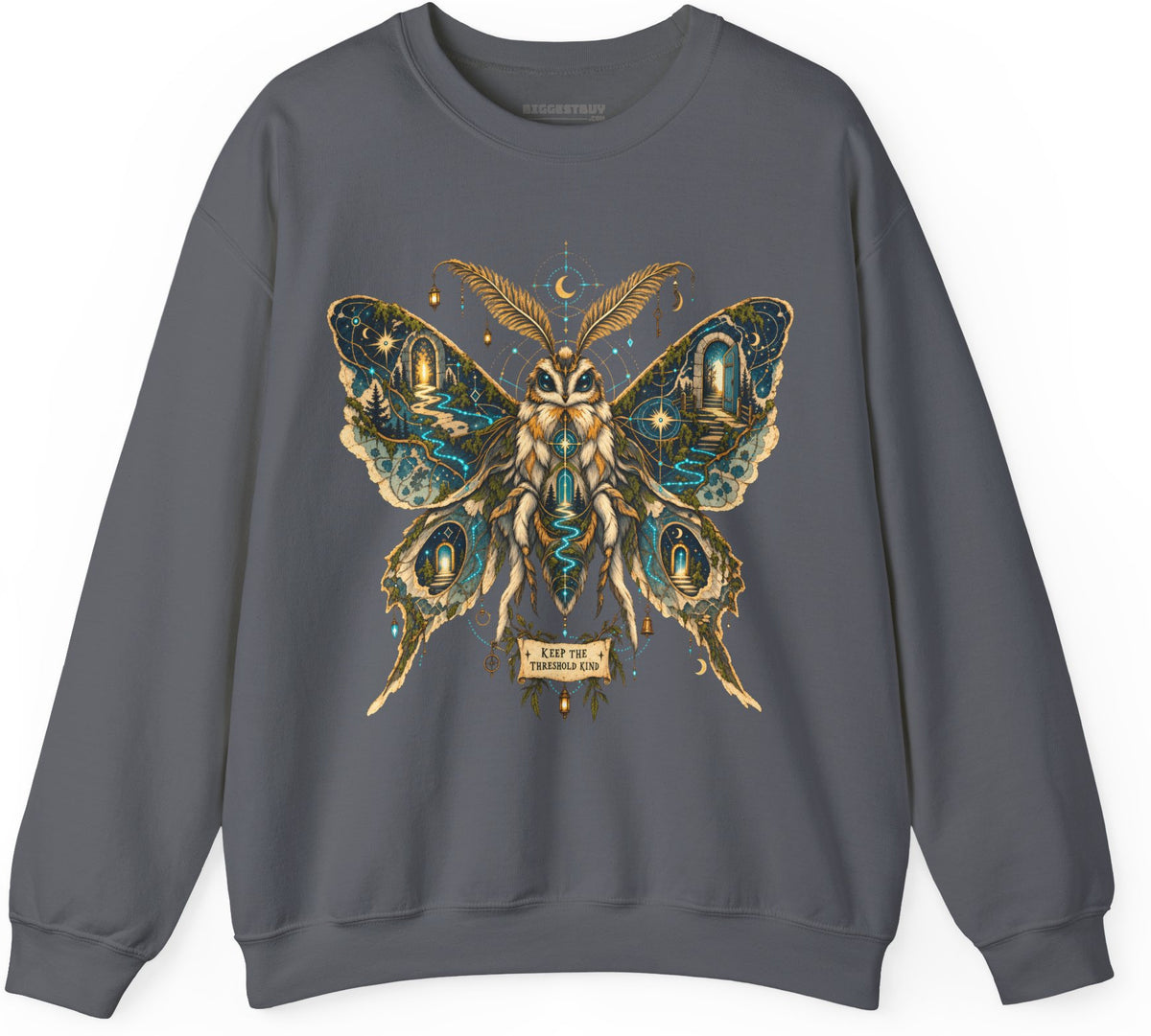 Moth Mystique - Crewneck Sweatshirt in Charcoal, front view