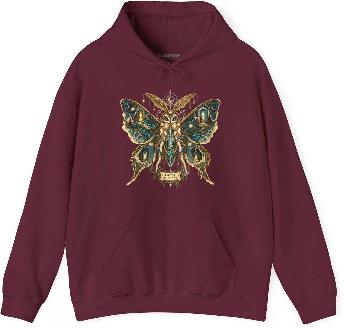 Moth Mystique - Pullover Hoodie in Maroon, front view