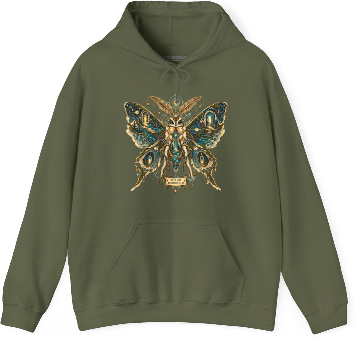Moth Mystique - Pullover Hoodie in Military Green, front view