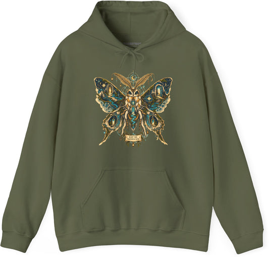 Moth Mystique - Pullover Hoodie in Military Green, front view