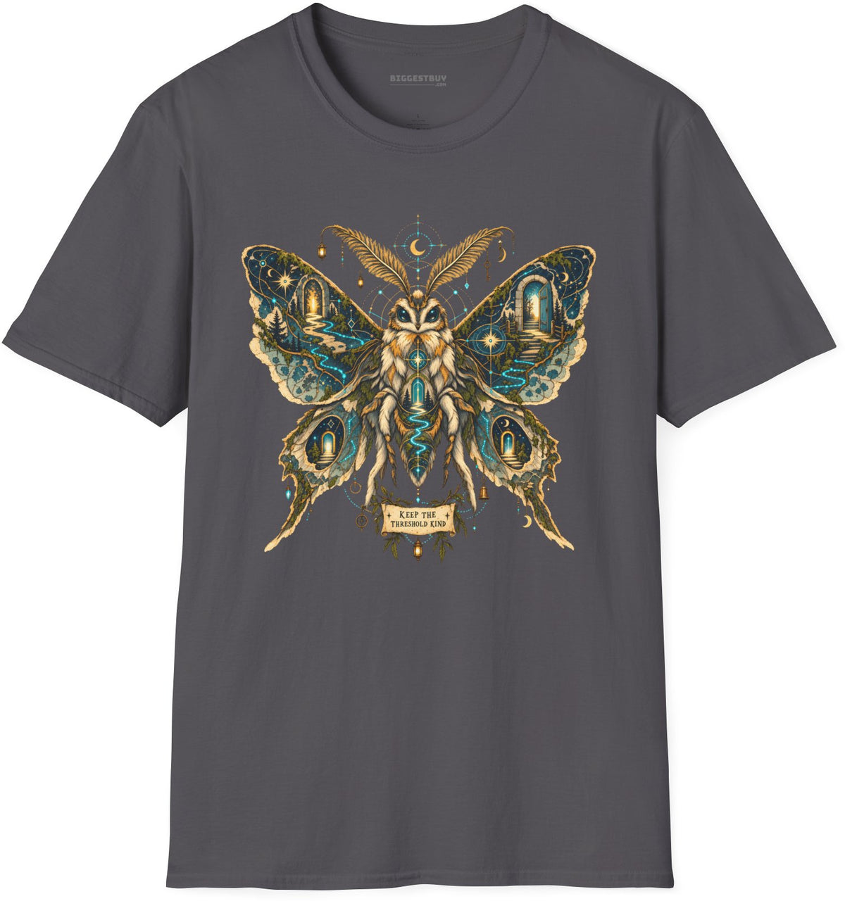 Moth Mystique - Softstyle T-Shirt in Charcoal, front view