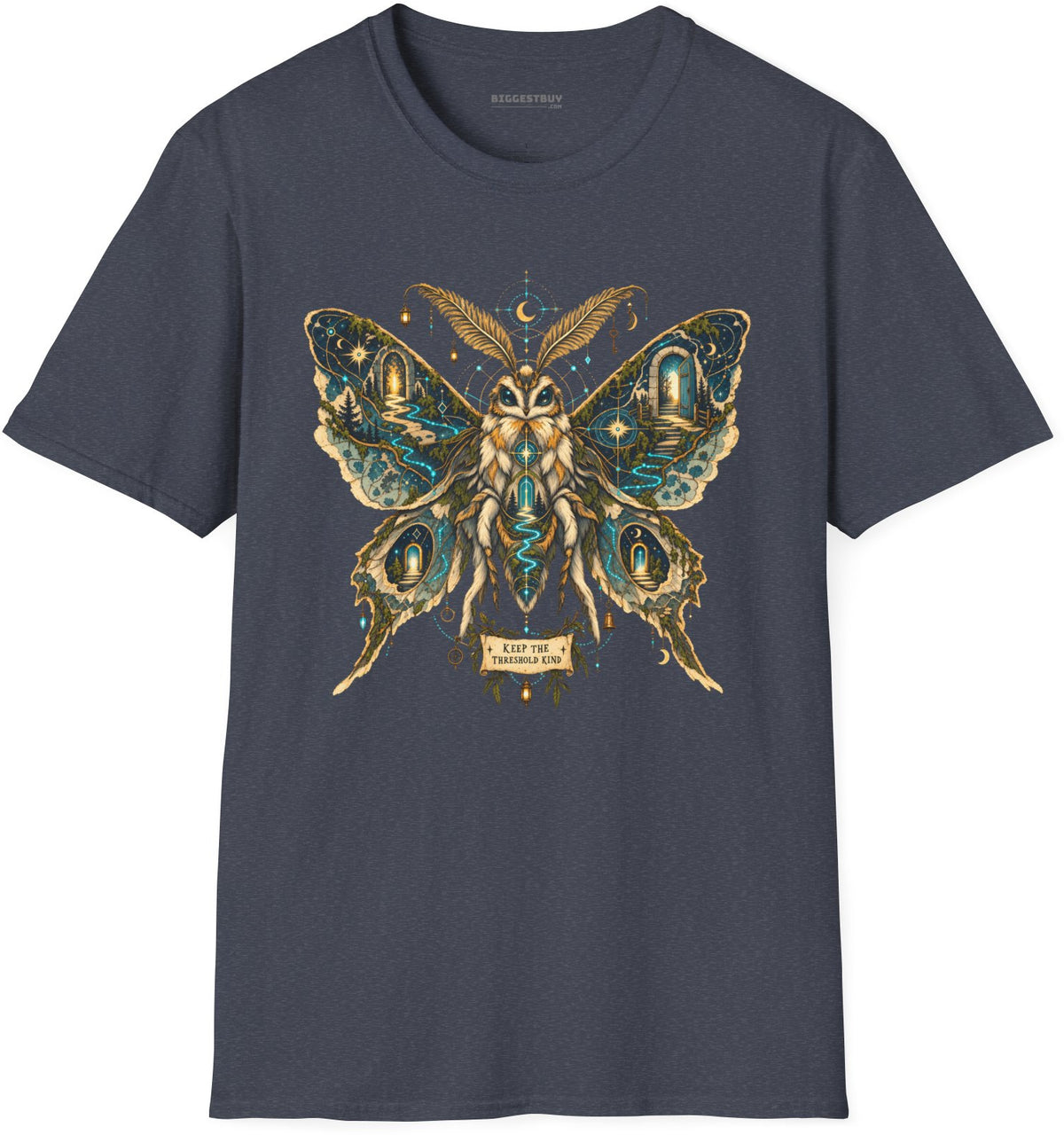 Moth Mystique - Softstyle T-Shirt in Heather Navy, front view