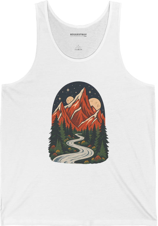 Mountain Maze - Jersey Tank Top in White, front view