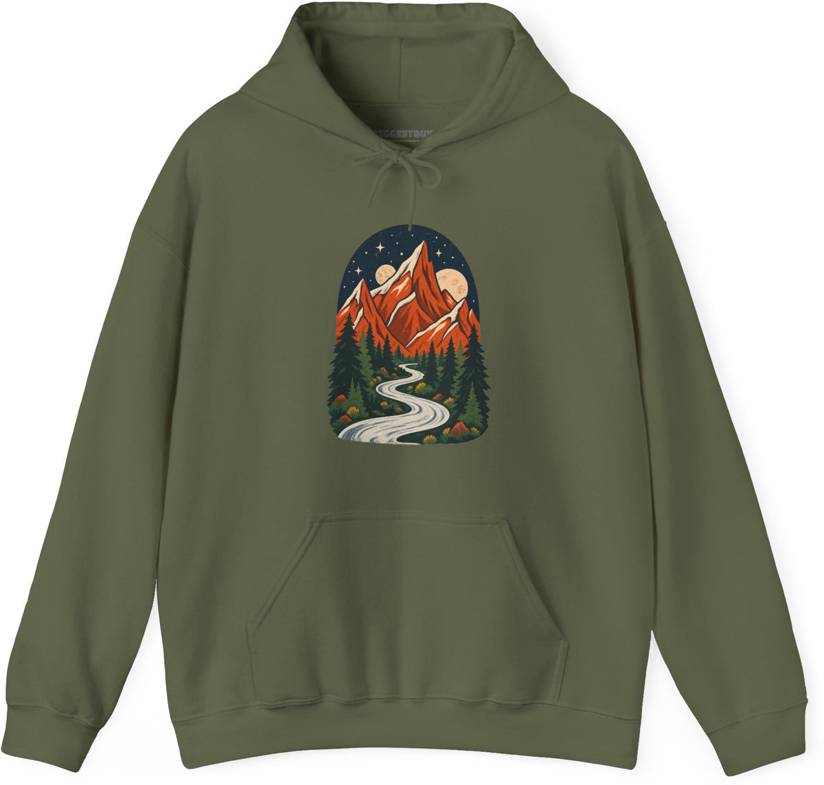 Mountain Maze - Pullover Hoodie in Military Green, front view