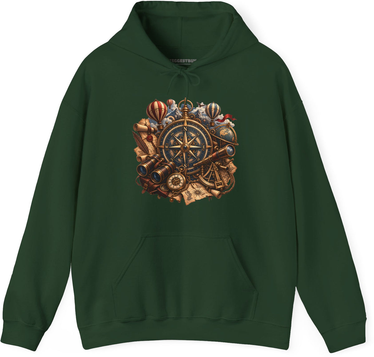 Navigatin Nostalgia - Pullover Hoodie in Forest Green, front view