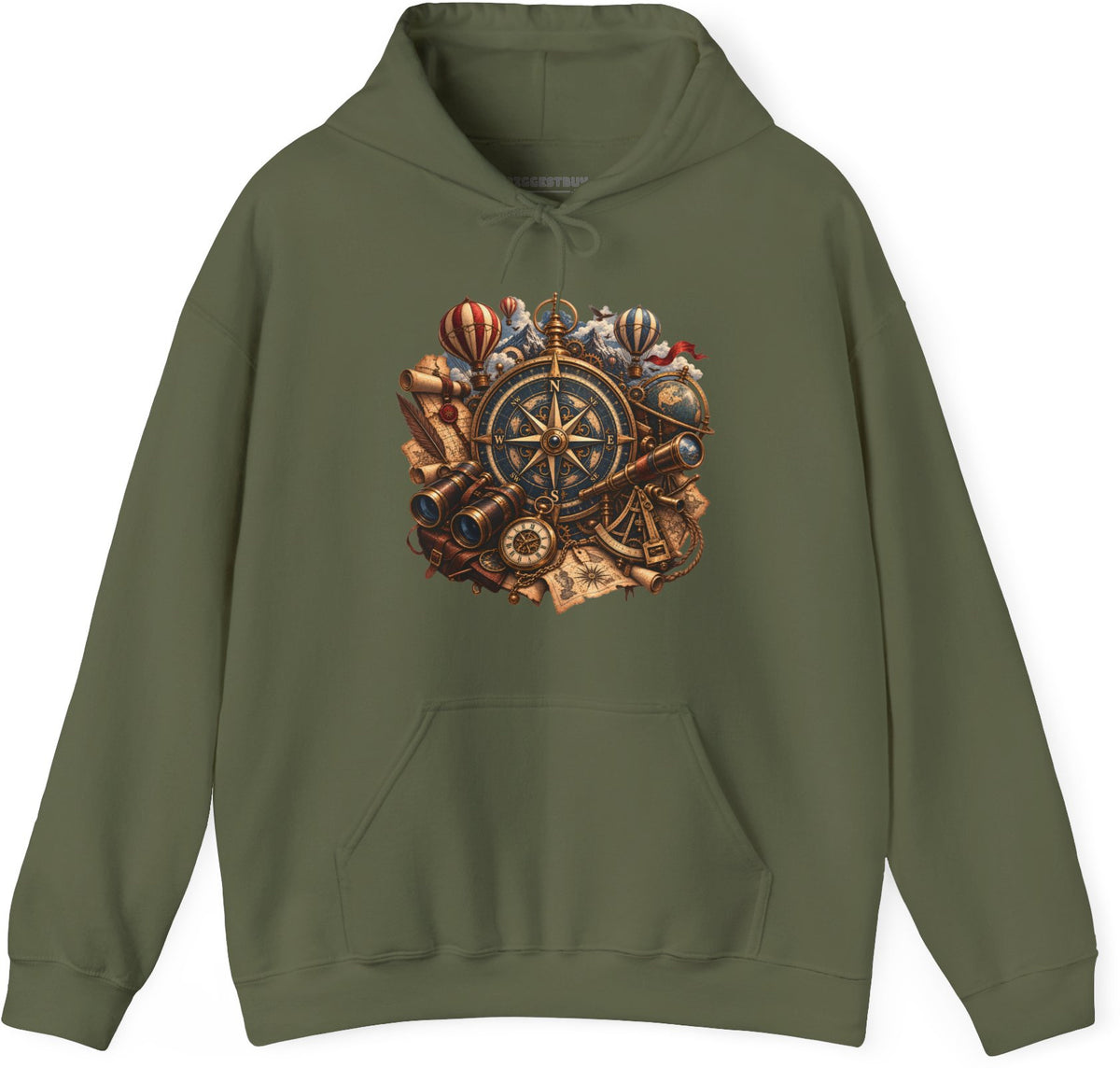 Navigatin Nostalgia - Pullover Hoodie in Military Green, front view