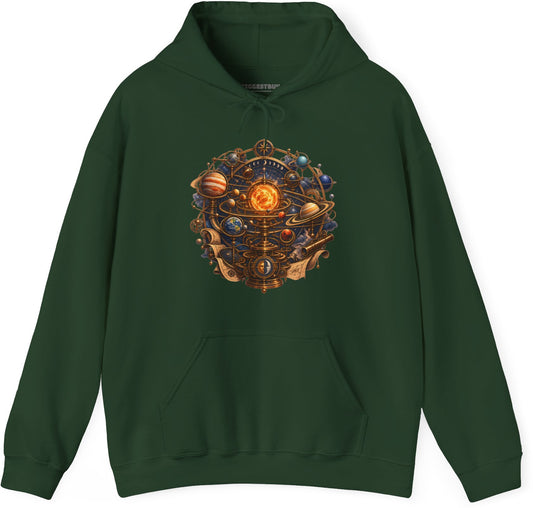 Orbital Opulence - Pullover Hoodie in Forest Green, front view