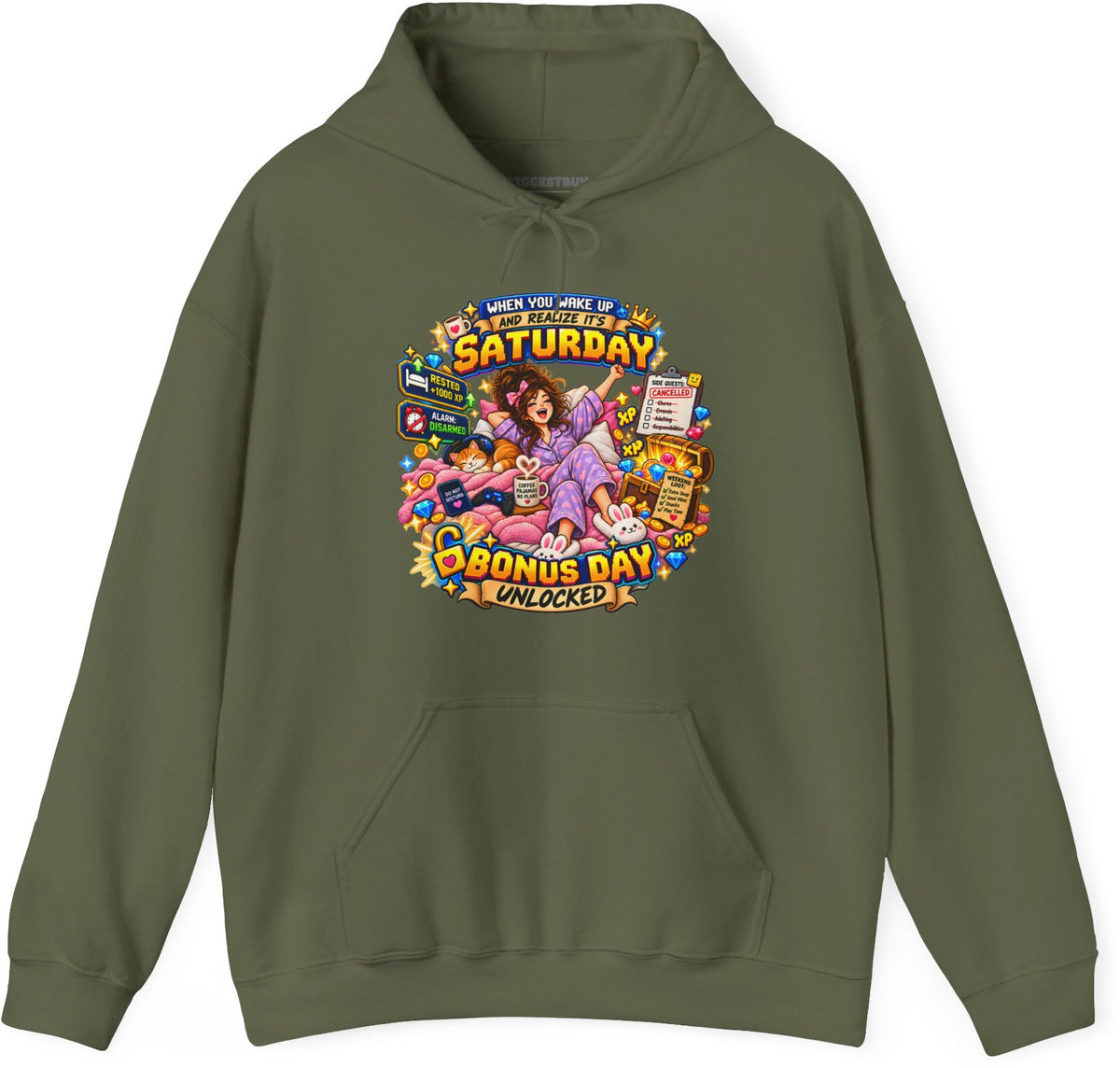 Pajama Party - Pullover Hoodie in Military Green, front view