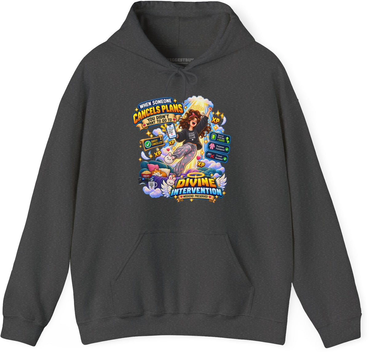 Pamphlet Punchline - Pullover Hoodie in Dark Heather, front view