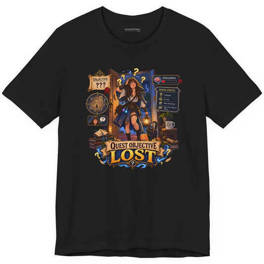 Quest Lost - Classic Jersey Tee in Black, front view