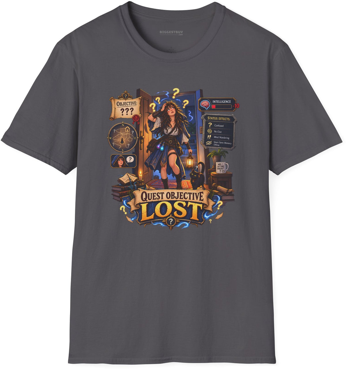 Quest Lost - Softstyle T-Shirt in Charcoal, front view