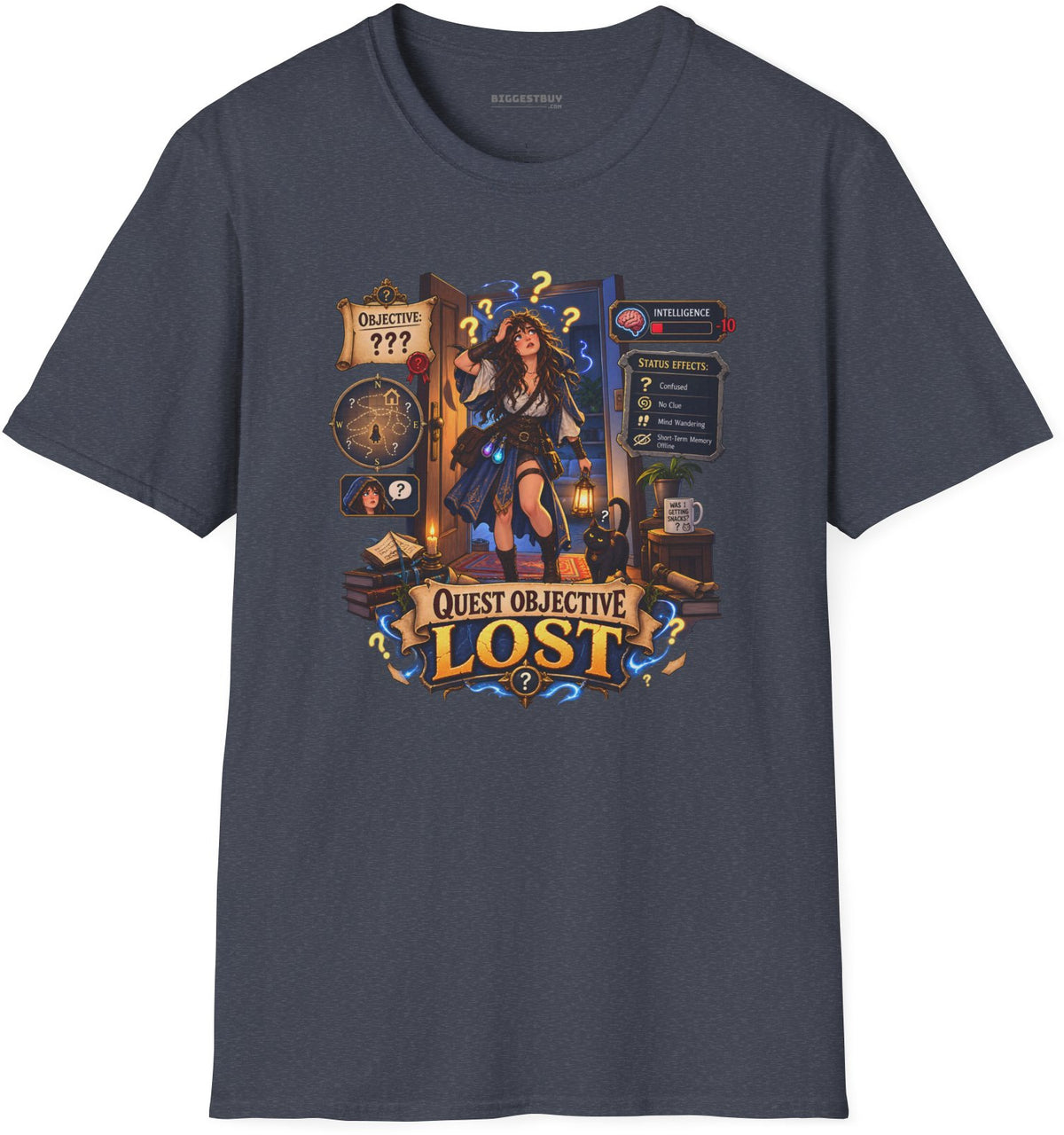 Quest Lost - Softstyle T-Shirt in Heather Navy, front view