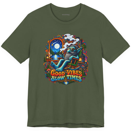 Slow Vibes - Classic Jersey Tee in Military Green, front view