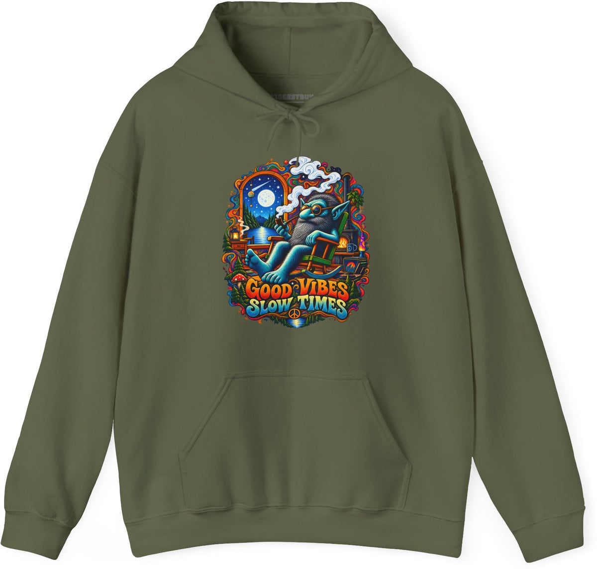Slow Vibes - Pullover Hoodie in Military Green, front view