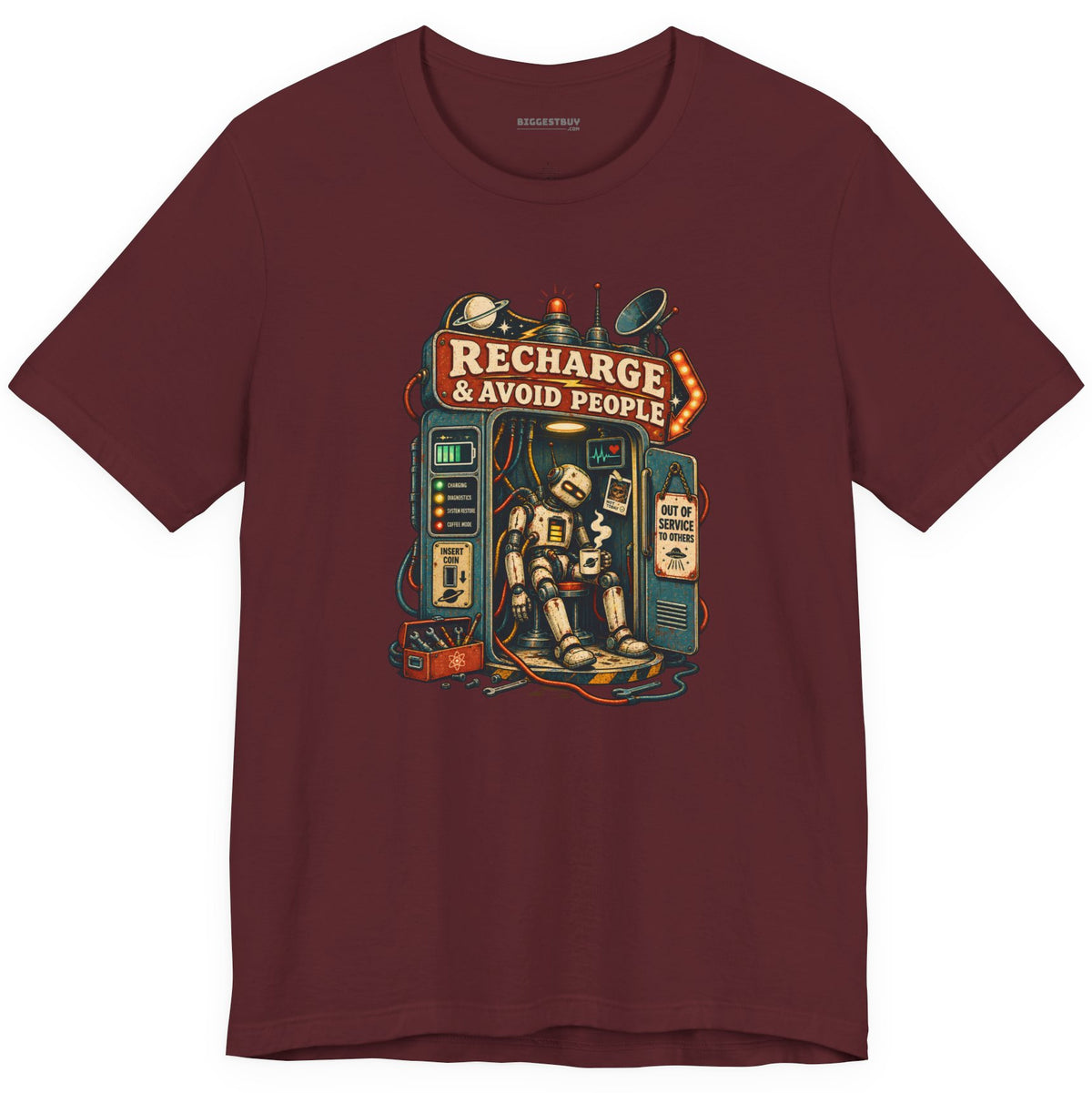 Social Recharge - Classic Jersey Tee in Maroon, front view
