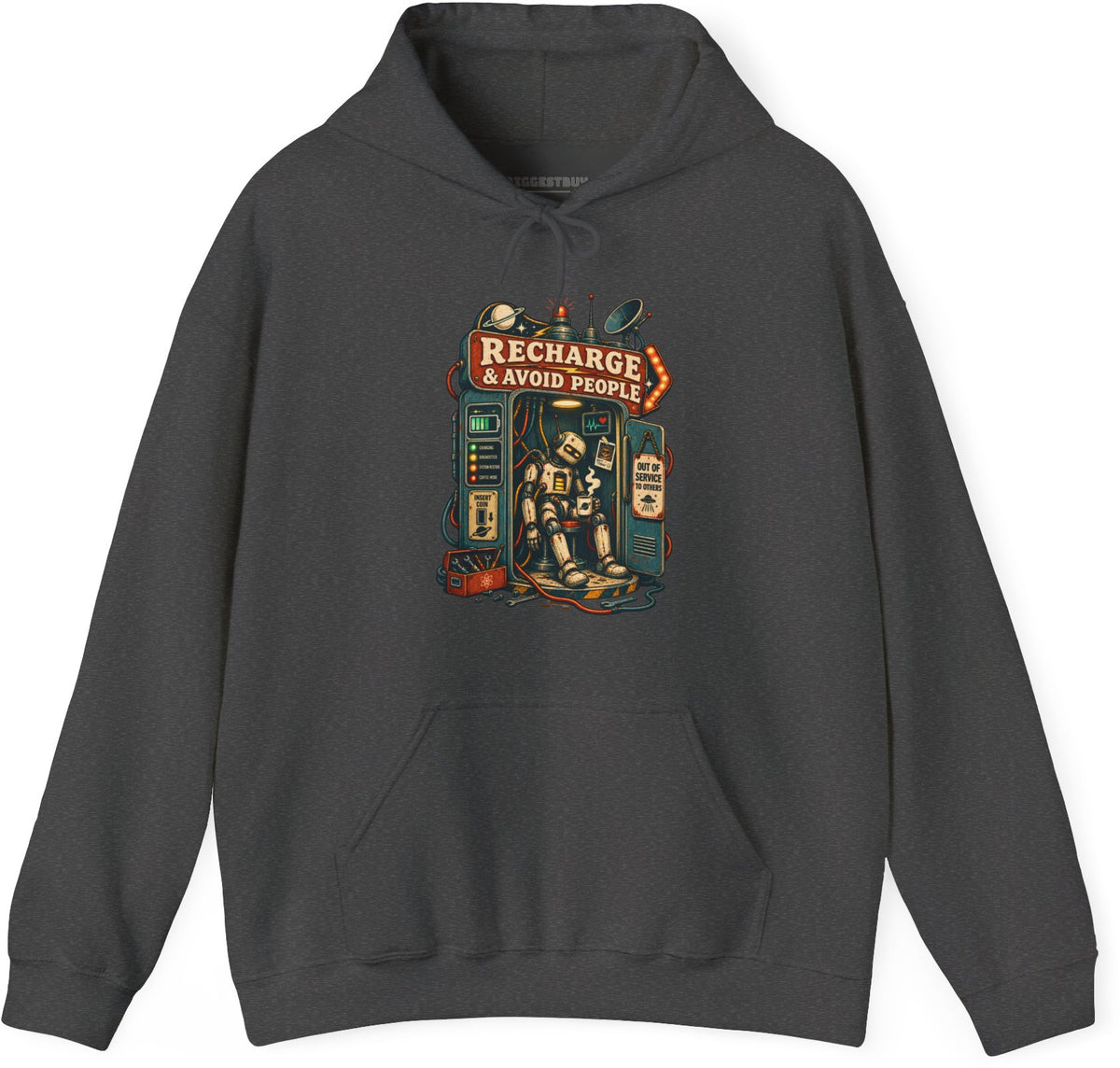 Social Recharge - Pullover Hoodie in Dark Heather, front view