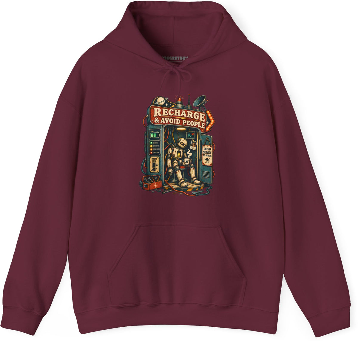 Social Recharge - Pullover Hoodie in Maroon, front view