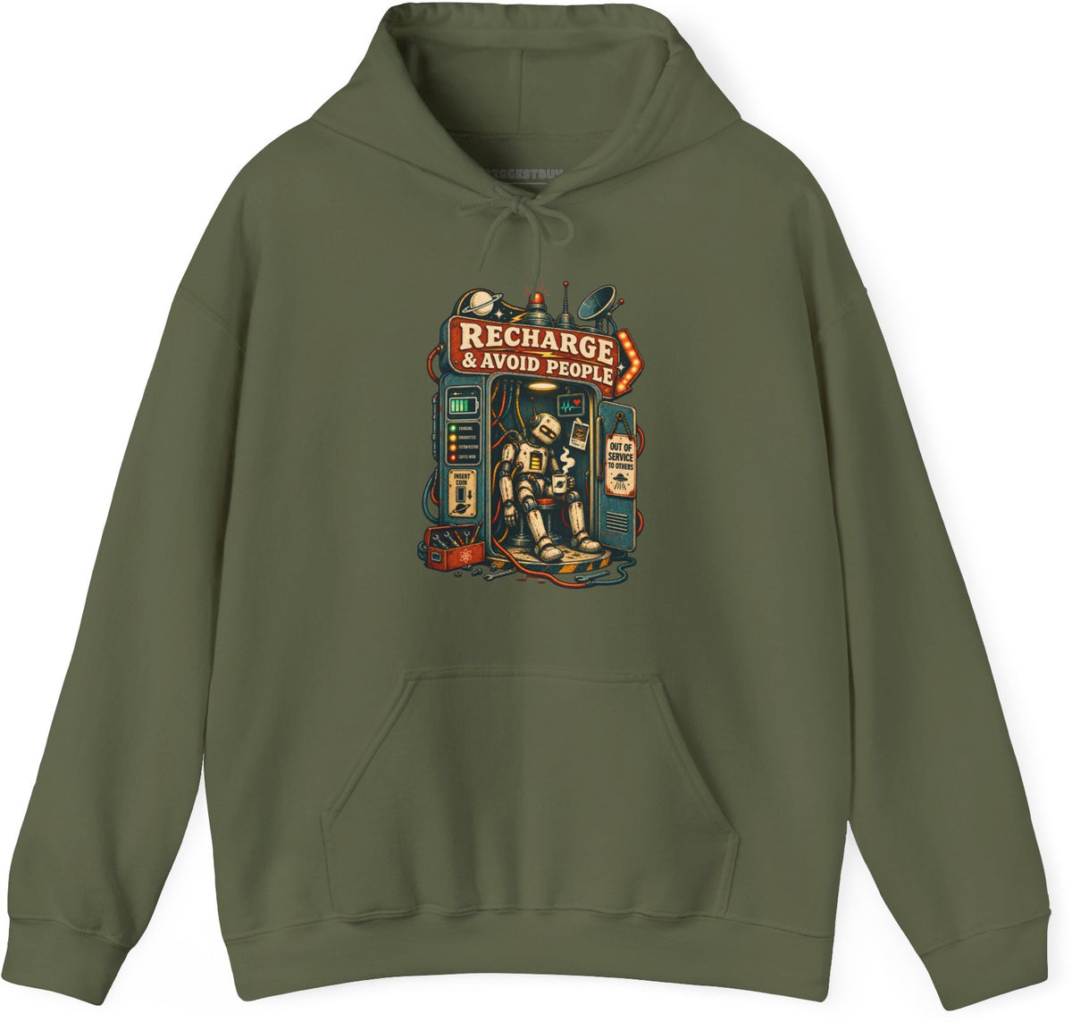 Social Recharge - Pullover Hoodie in Military Green, front view