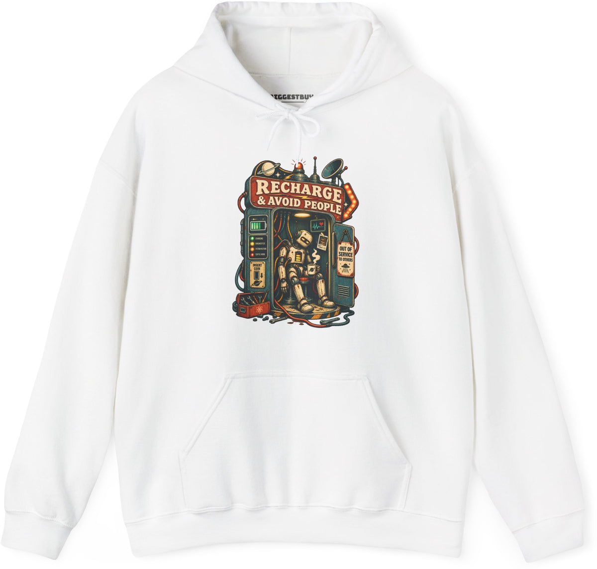 Social Recharge - Pullover Hoodie in White, front view