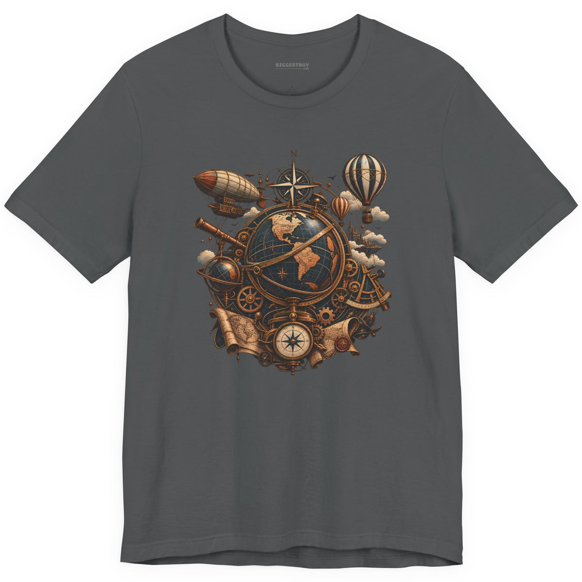 Steampunk Globe - Classic Jersey Tee in Asphalt, front view