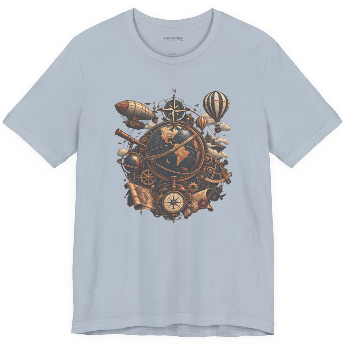 Steampunk Globe - Classic Jersey Tee in Light Blue, front view