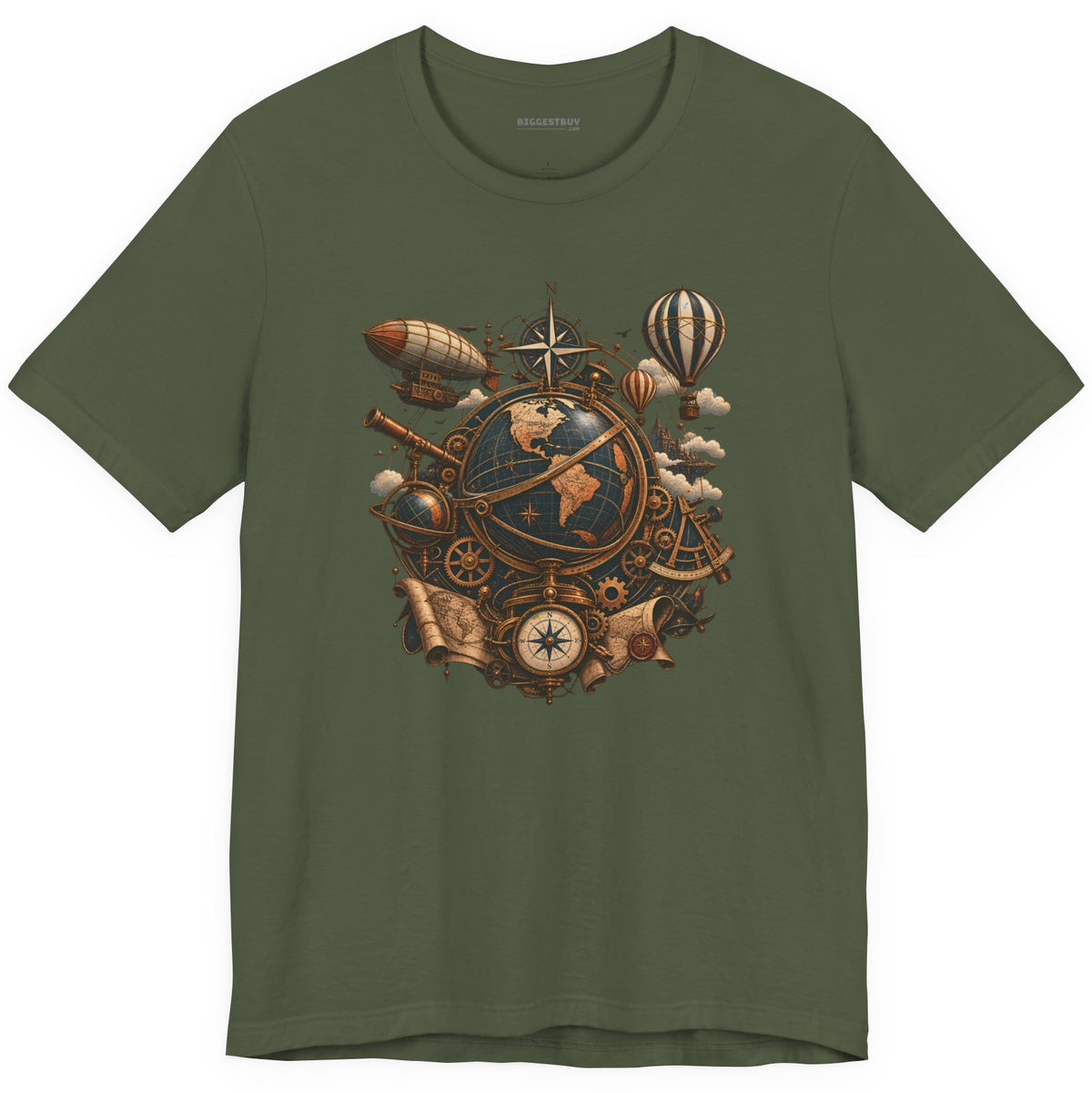 Steampunk Globe - Classic Jersey Tee in Military Green, front view