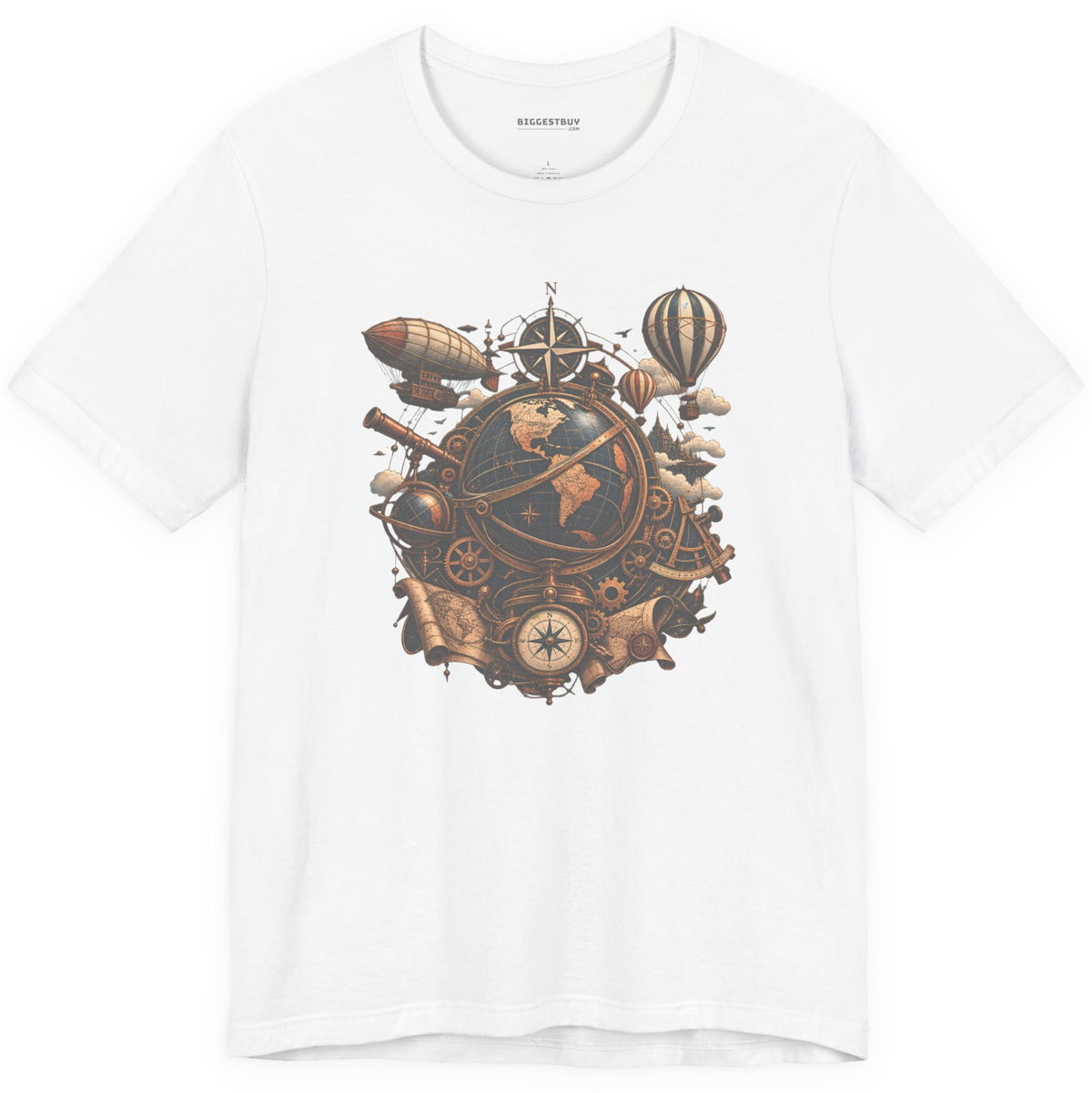 Steampunk Globe - Classic Jersey Tee in White, front view