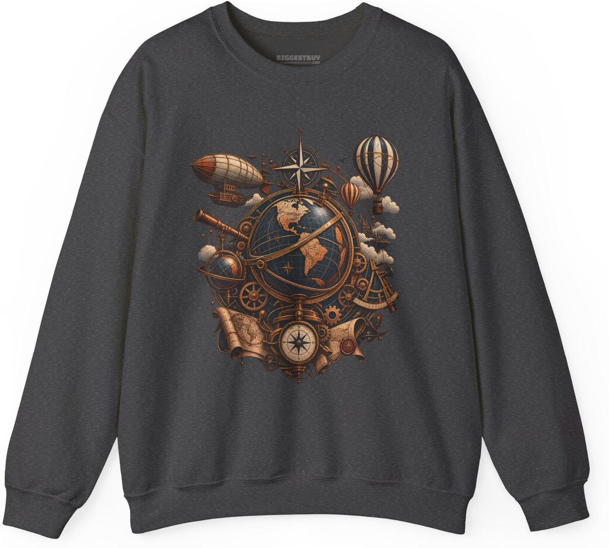 Steampunk Globe - Crewneck Sweatshirt in Dark Heather, front view