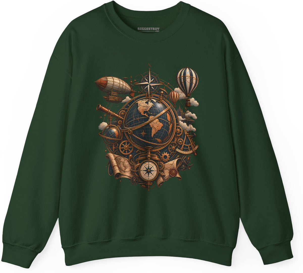 Steampunk Globe - Crewneck Sweatshirt in Forest Green, front view