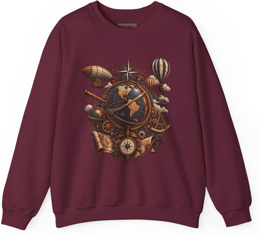 Steampunk Globe - Crewneck Sweatshirt in Maroon, front view