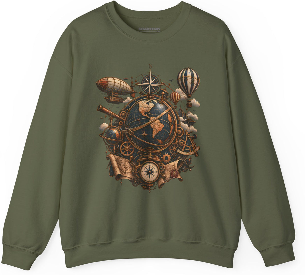 Steampunk Globe - Crewneck Sweatshirt in Military Green, front view