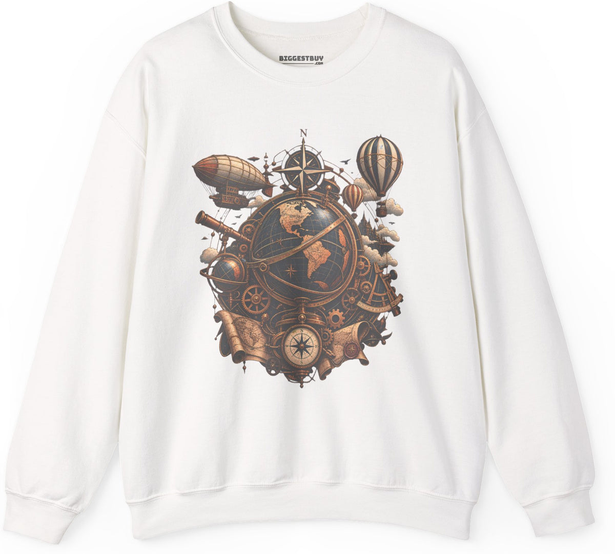 Steampunk Globe - Crewneck Sweatshirt in White, front view