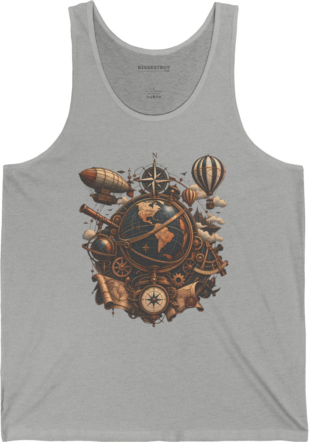 Steampunk Globe - Jersey Tank Top in Athletic Heather, front view
