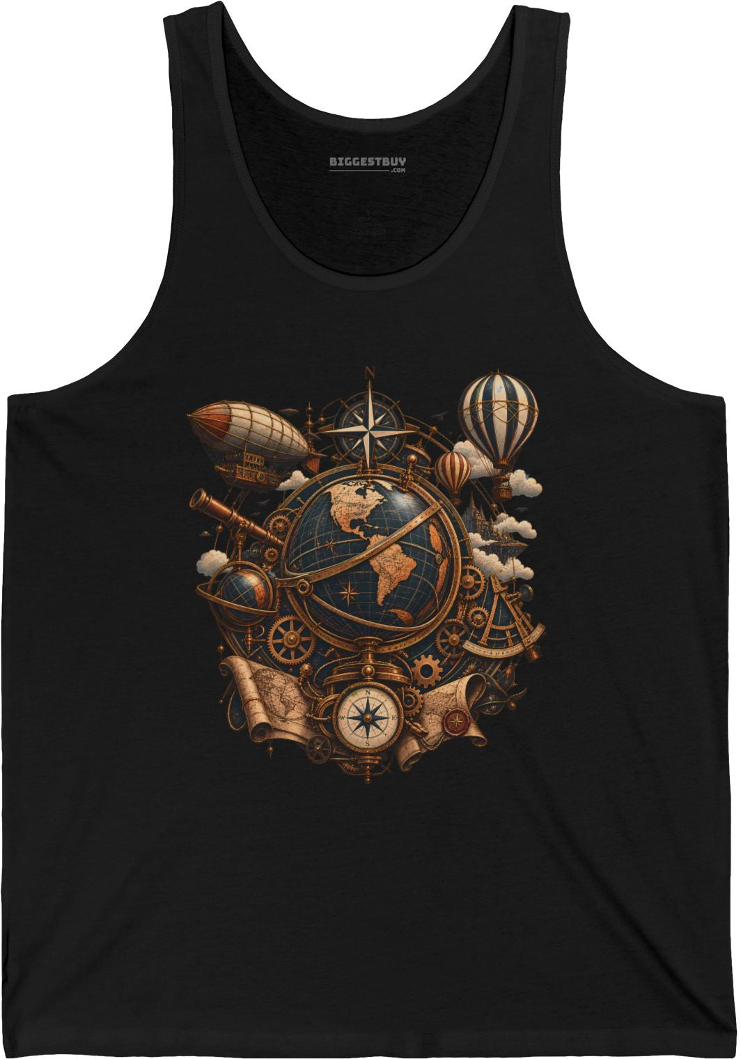 Steampunk Globe - Jersey Tank Top in Black, front view