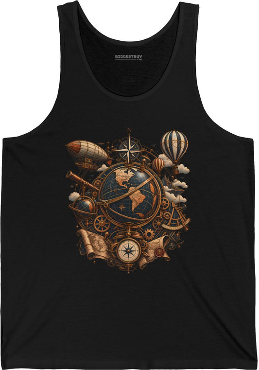 Steampunk Globe - Jersey Tank Top in Black, front view