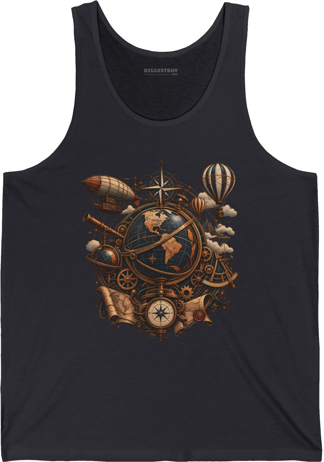 Steampunk Globe - Jersey Tank Top in Dark Grey, front view