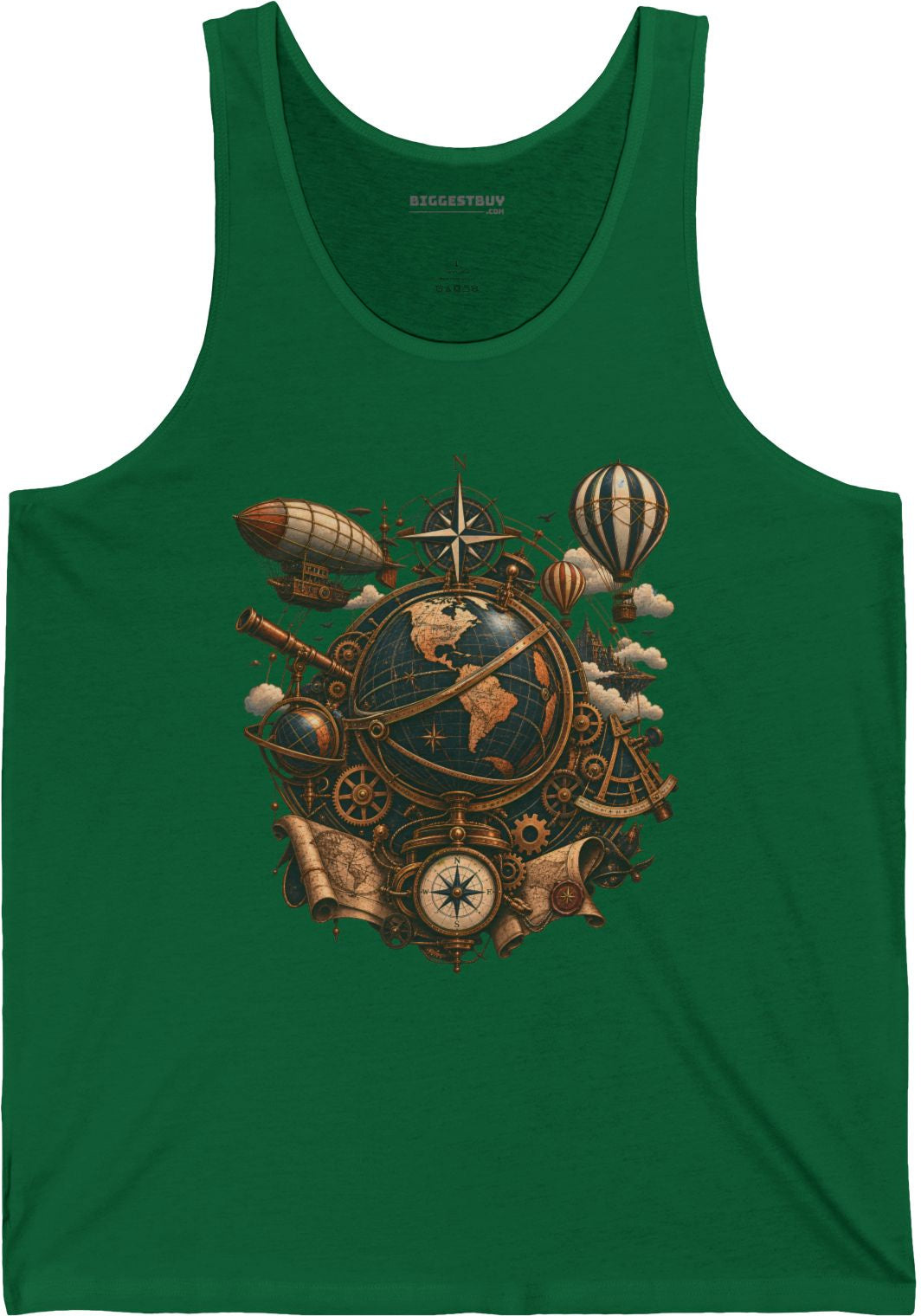 Steampunk Globe - Jersey Tank Top in Kelly, front view