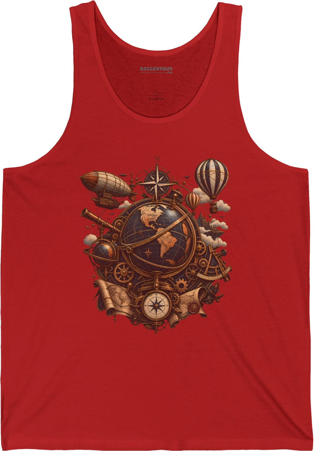 Steampunk Globe - Jersey Tank Top in Red, front view