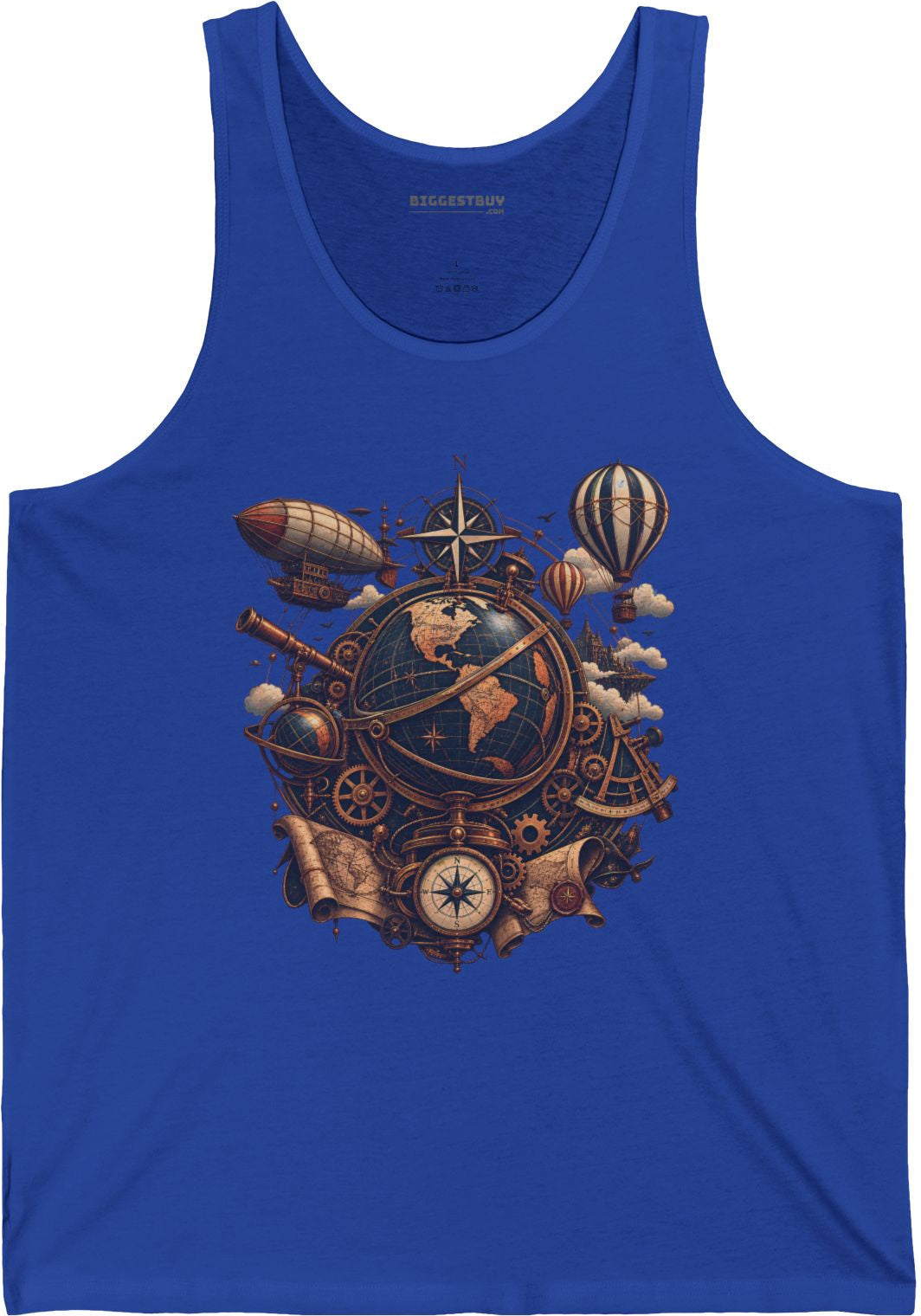 Steampunk Globe - Jersey Tank Top in True Royal, front view
