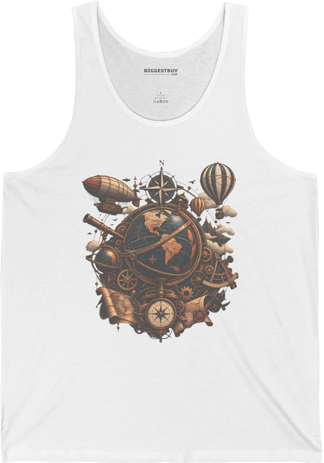 Steampunk Globe - Jersey Tank Top in White, front view