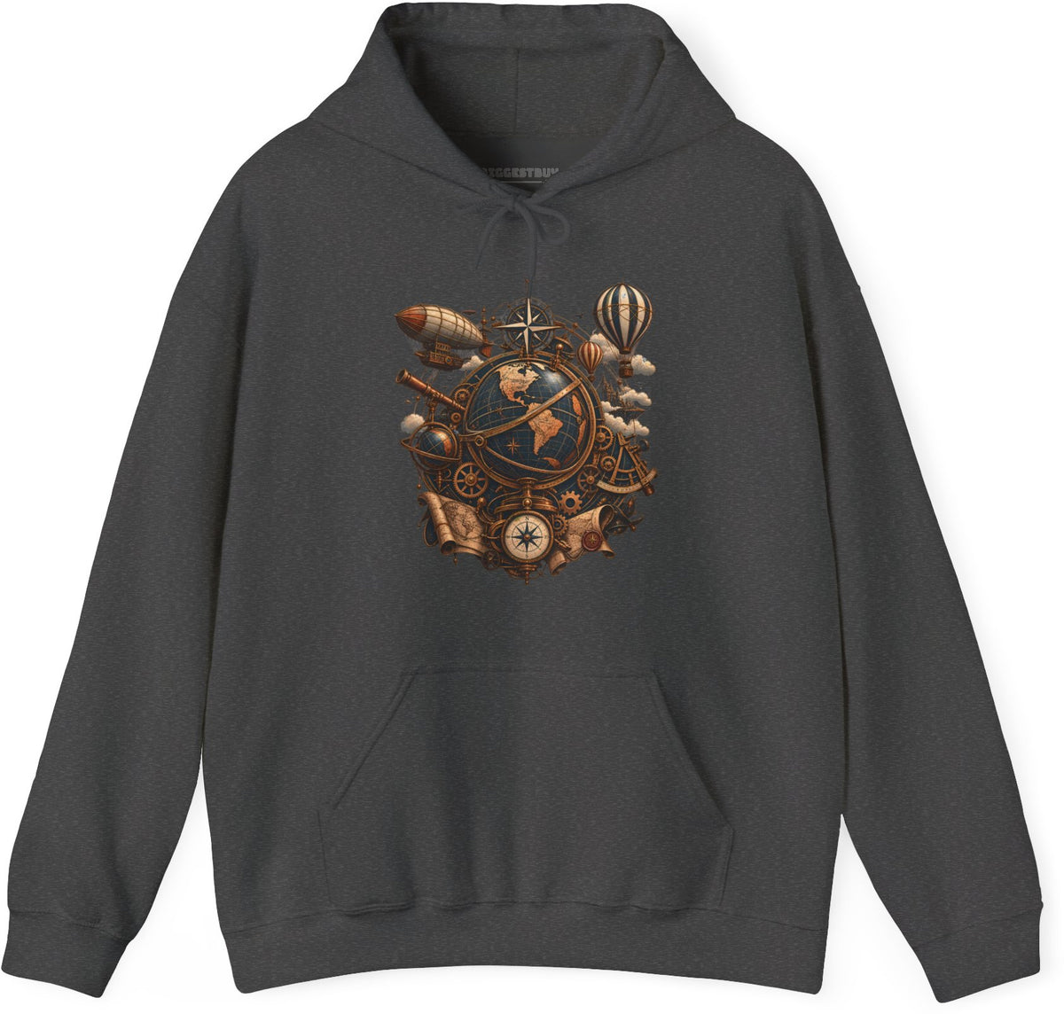 Steampunk Globe - Pullover Hoodie in Dark Heather, front view