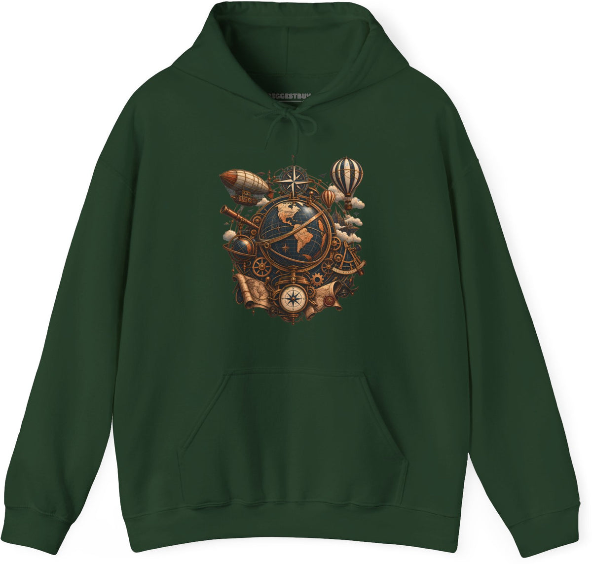 Steampunk Globe - Pullover Hoodie in Forest Green, front view