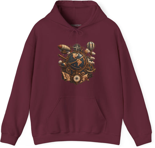Steampunk Globe - Pullover Hoodie in Maroon, front view